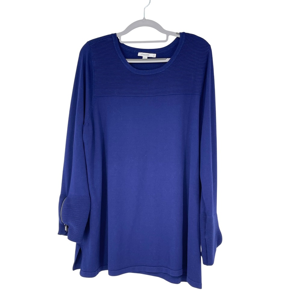 Chico's Blue‎ Ribbed Knit Top Zipper Cuff Long Sleeve Women's Size XL